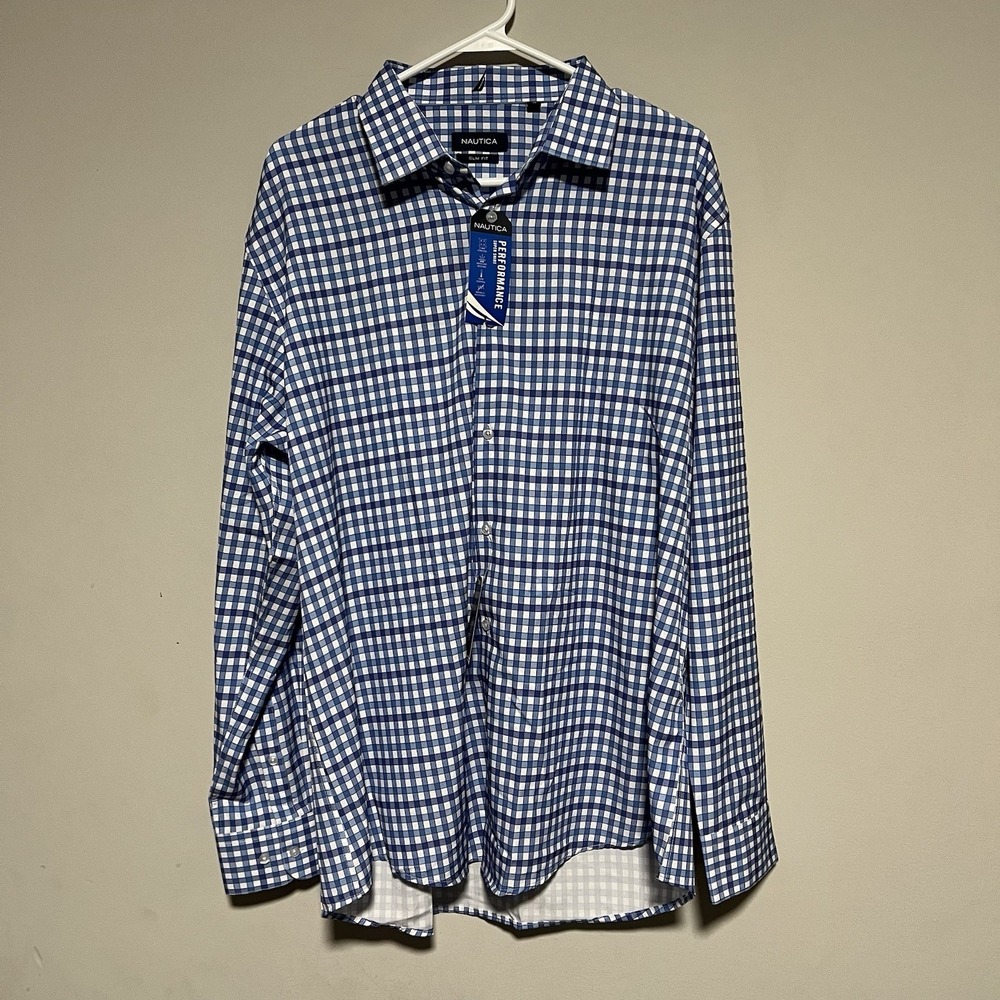 Nautica Men's XL Slim Fit Blue White Long Sleeve Button Front Laid Shirt NWT